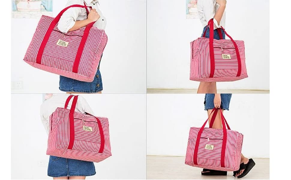 VDNSIFabricOxfordWaterproofFoldingTravelFoldableReusableLargeCarryToteBagwithZip