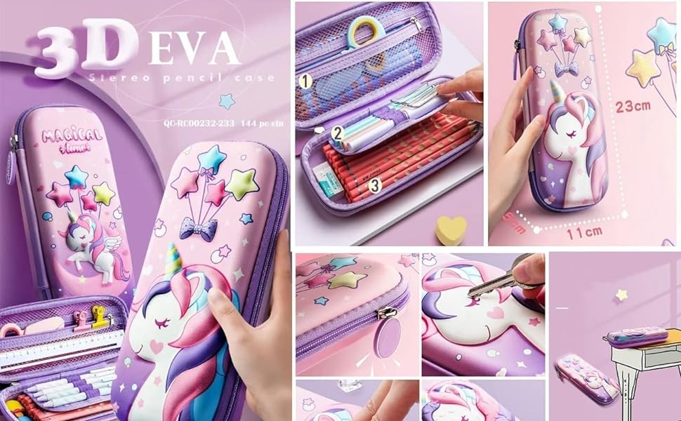 VDNSIUnicornPencilPouch3DUnicornCoverPencilCaseCompasswithCompartmentsSchoolSupp